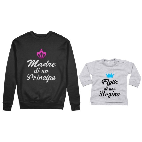 Coordinato felpe o body lupetto madre figlio madre di principe principessa figlio figlia regina corona azzurra fucsia Per la mam 2