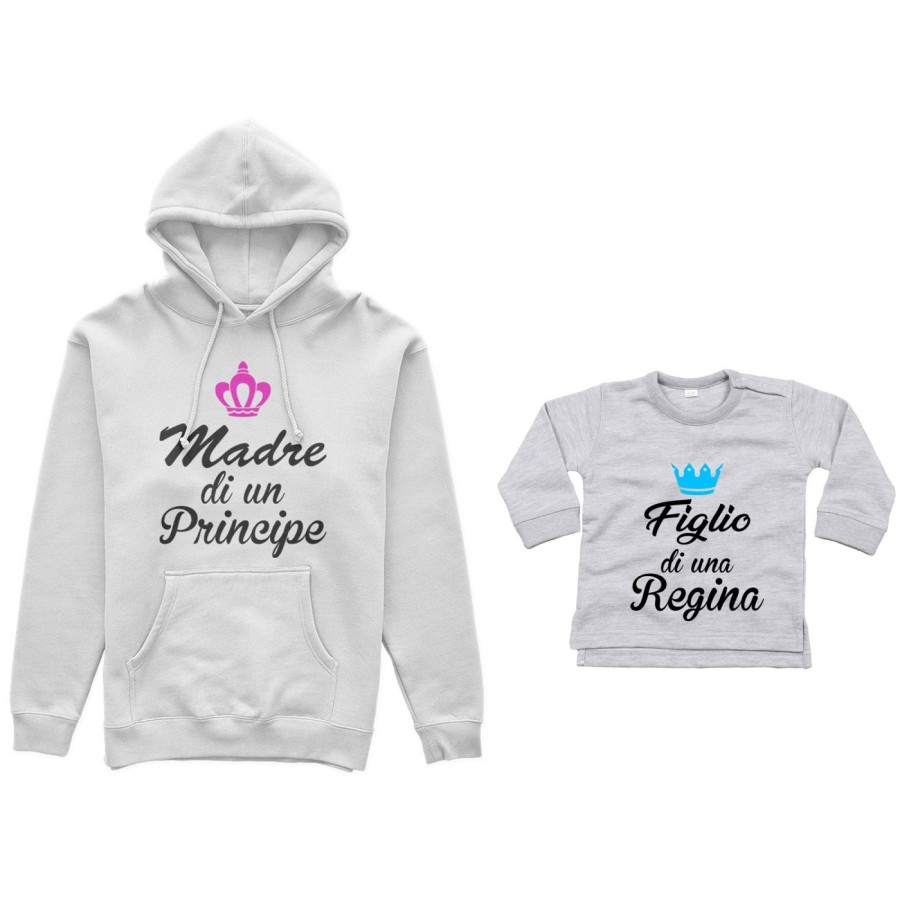 Coordinato felpe o body lupetto madre figlio madre di principe principessa figlio figlia regina corona azzurra fucsia Per la mam
