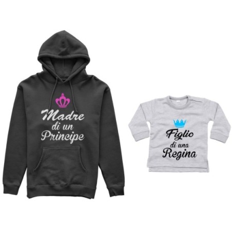 Coordinato felpe o body lupetto madre figlio madre di principe principessa figlio figlia regina corona azzurra fucsia Per la mam