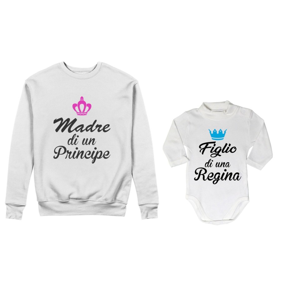 Coordinato felpe o body lupetto madre figlio madre di principe principessa figlio figlia regina corona azzurra fucsia Per la mam