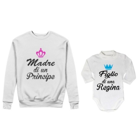 Coordinato felpe o body lupetto madre figlio madre di principe principessa figlio figlia regina corona azzurra fucsia Per la mam
