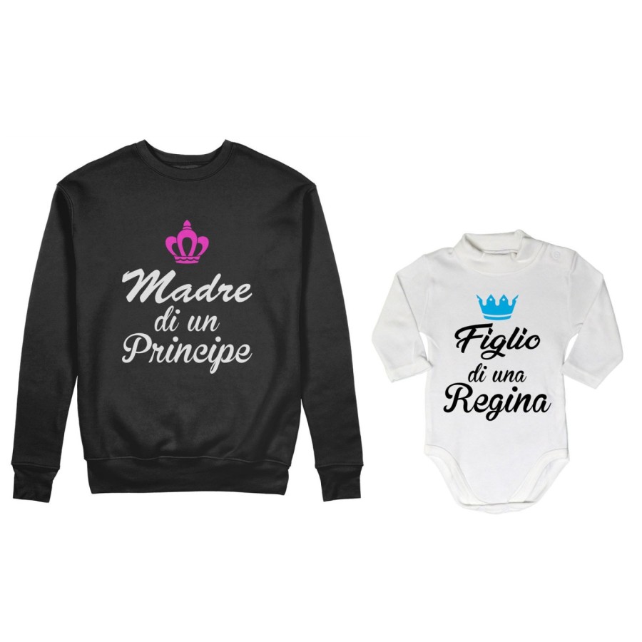 Coordinato felpe o body lupetto madre figlio madre di principe principessa figlio figlia regina corona azzurra fucsia Per la mam