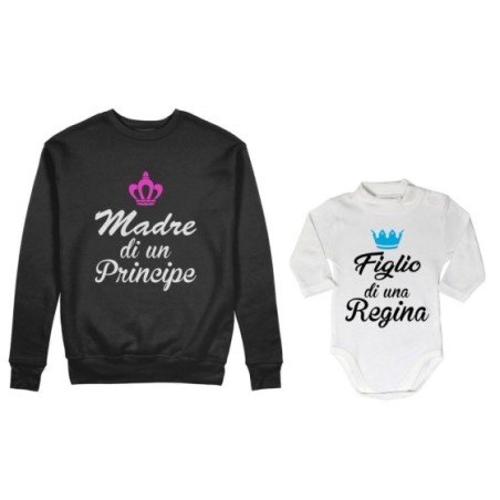 Coordinato felpe o body lupetto madre figlio madre di principe principessa figlio figlia regina corona azzurra fucsia Per la mam