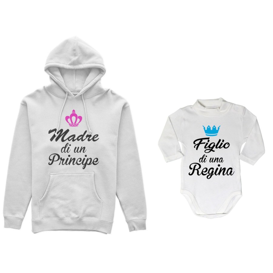 Coordinato felpe o body lupetto madre figlio madre di principe principessa figlio figlia regina corona azzurra fucsia Per la mam