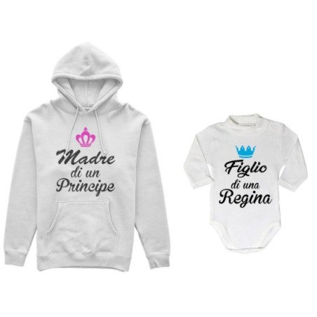 Coordinato felpe o body lupetto madre figlio madre di principe principessa figlio figlia regina corona azzurra fucsia Per la mam