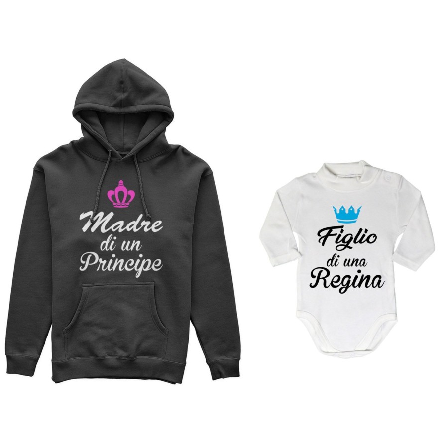 Coordinato felpe o body lupetto madre figlio madre di principe principessa figlio figlia regina corona azzurra fucsia Per la mam