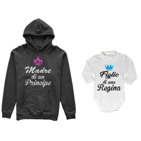 Coordinato felpe o body lupetto madre figlio madre di principe principessa figlio figlia regina corona azzurra fucsia Per la mam