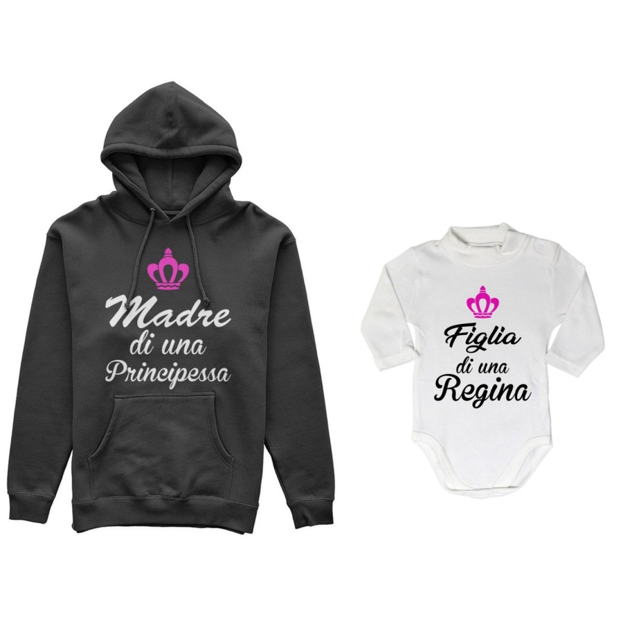 Coordinato felpe o body lupetto madre figlio madre di principe principessa figlio figlia regina corona azzurra fucsia Per la mam