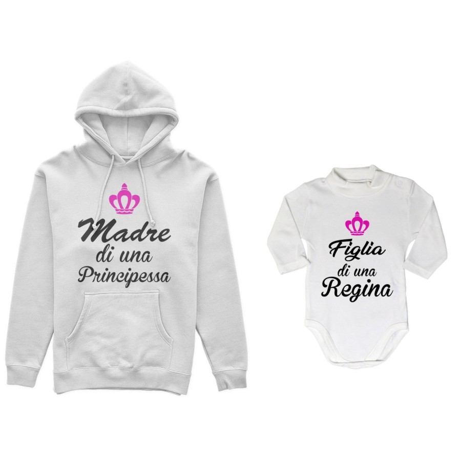 Coordinato felpe o body lupetto madre figlio madre di principe principessa figlio figlia regina corona azzurra fucsia Per la mam