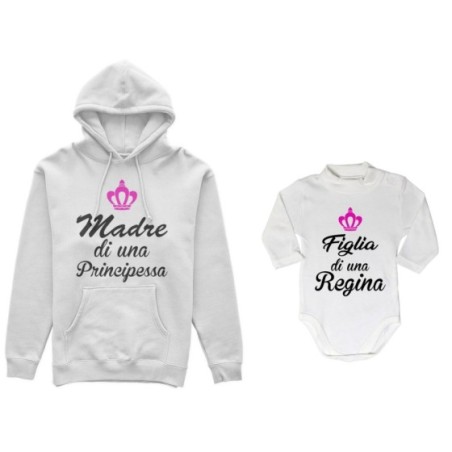 Coordinato felpe o body lupetto madre figlio madre di principe principessa figlio figlia regina corona azzurra fucsia Per la mam