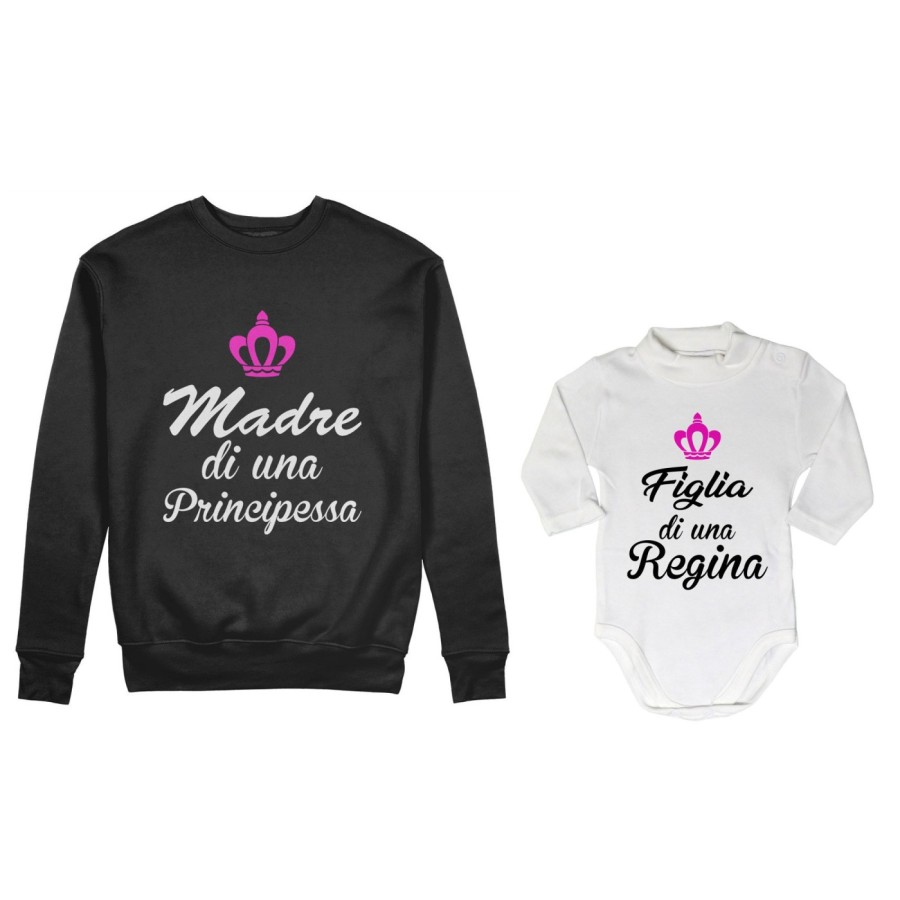 Coordinato felpe o body lupetto madre figlio madre di principe principessa figlio figlia regina corona azzurra fucsia Per la mam