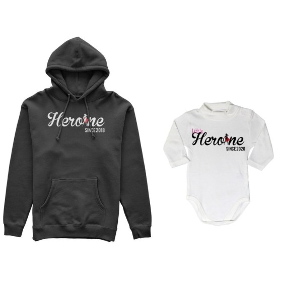 Coordinato felpe o body lupetto neonata madre figlia personalizzato con anno heroine since little heroine since Per la mamma