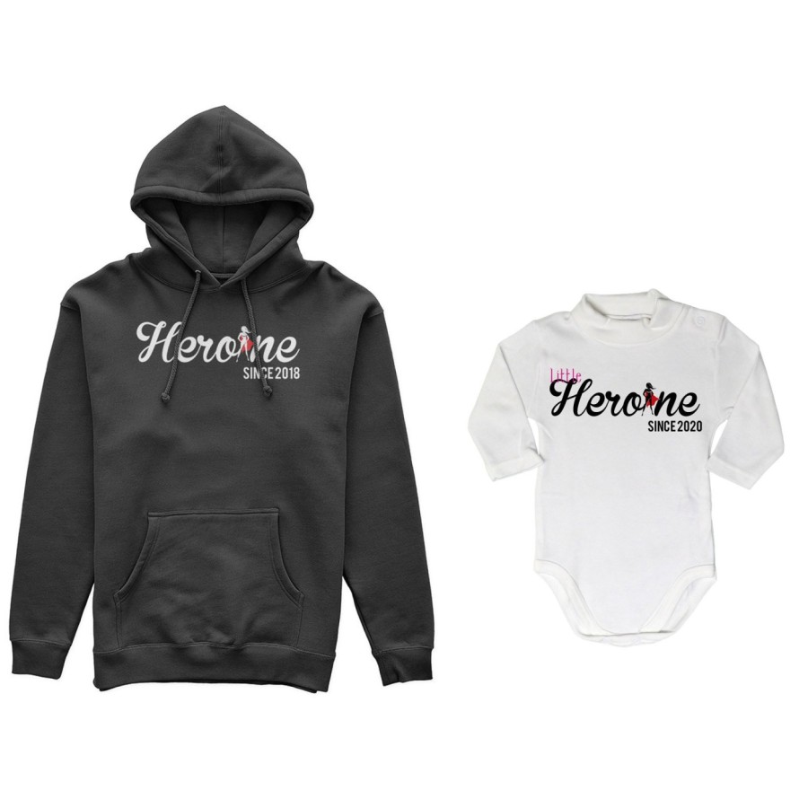 Coordinato felpe o body lupetto neonata madre figlia personalizzato con anno heroine since little heroine since Per la mamma