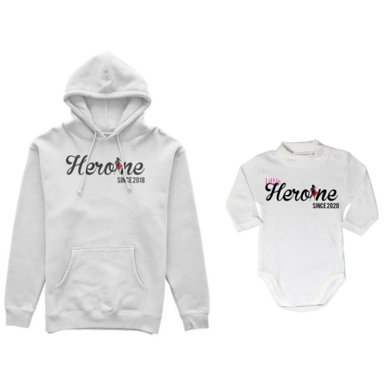Coordinato felpe o body lupetto neonata madre figlia personalizzato con anno heroine since little heroine since Per la mamma 2