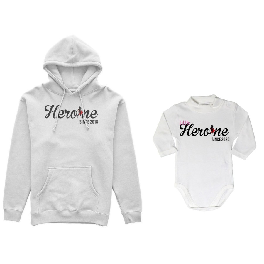Coordinato felpe o body lupetto neonata madre figlia personalizzato con anno heroine since little heroine since Per la mamma