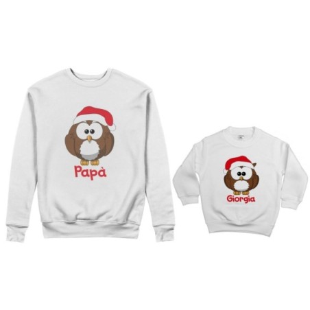 Coordinato felpe padre figlio personalizzato con nome gufetti natalizi Natale