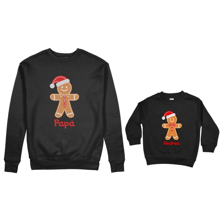 Coordinato felpe padre figlio personalizzabile con nome omini di pan di zenzero Natale