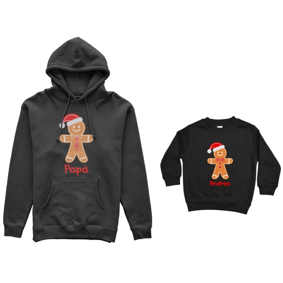 Coordinato felpe padre figlio personalizzabile con nome omini di pan di zenzero Natale