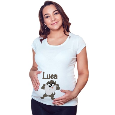 Maglia premaman personalizzata con nome baby tazmania linguaccia Cartoon
