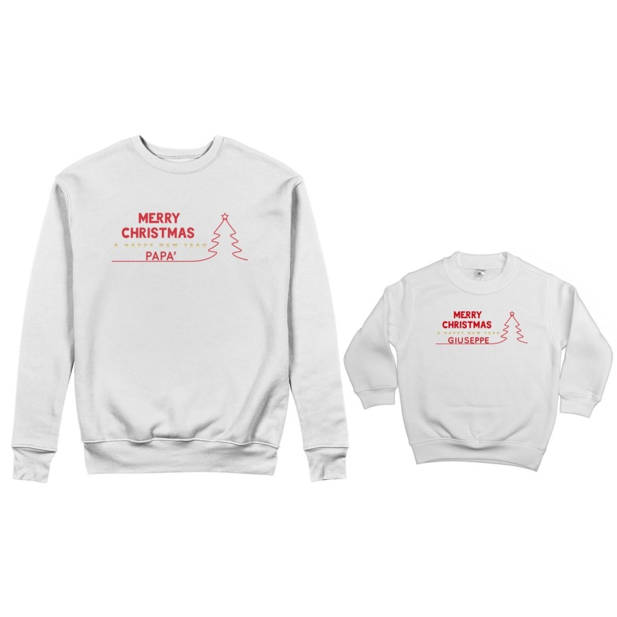 Coordinato felpe padre figlio personalizzato con nome merry christmas and happy new year Natale