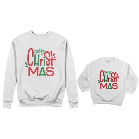 Coordinato felpe padre figlio personalizzabile con nomi merry christmas colorful Natale