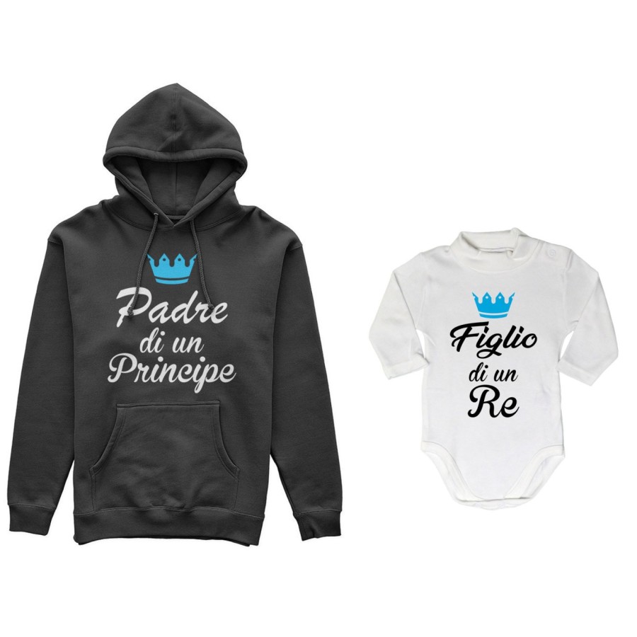 Coordinato felpe o body lupetto padre figlio padre di un principe principessa figlio figlia re corona azzurra fucsia Per il papà