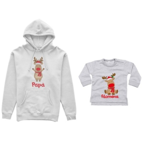 Coordinato felpe o body lupetto neonato padre figlio personalizzabile con nome rudolph family Natale