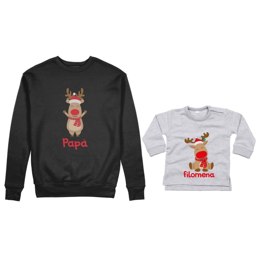 Coordinato felpe o body lupetto neonato padre figlio personalizzabile con nome rudolph family Natale