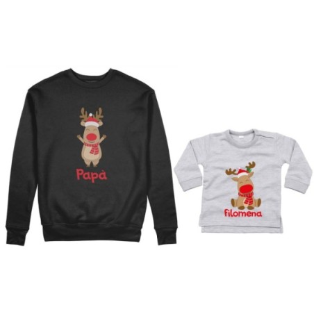 Coordinato felpe o body lupetto neonato padre figlio personalizzabile con nome rudolph family Natale