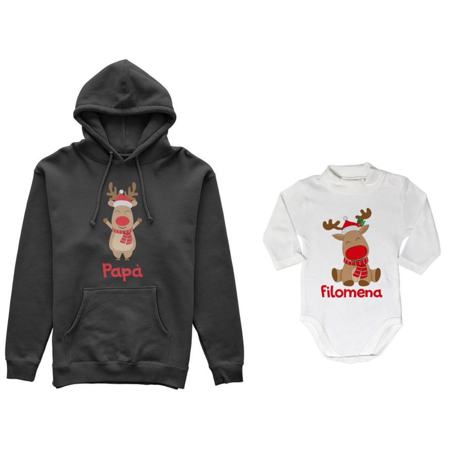 Coordinato felpe o body lupetto neonato padre figlio personalizzabile con nome rudolph family Natale