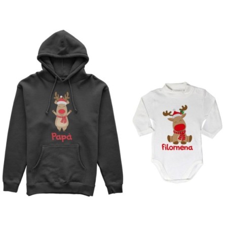 Coordinato felpe o body lupetto neonato padre figlio personalizzabile con nome rudolph family Natale