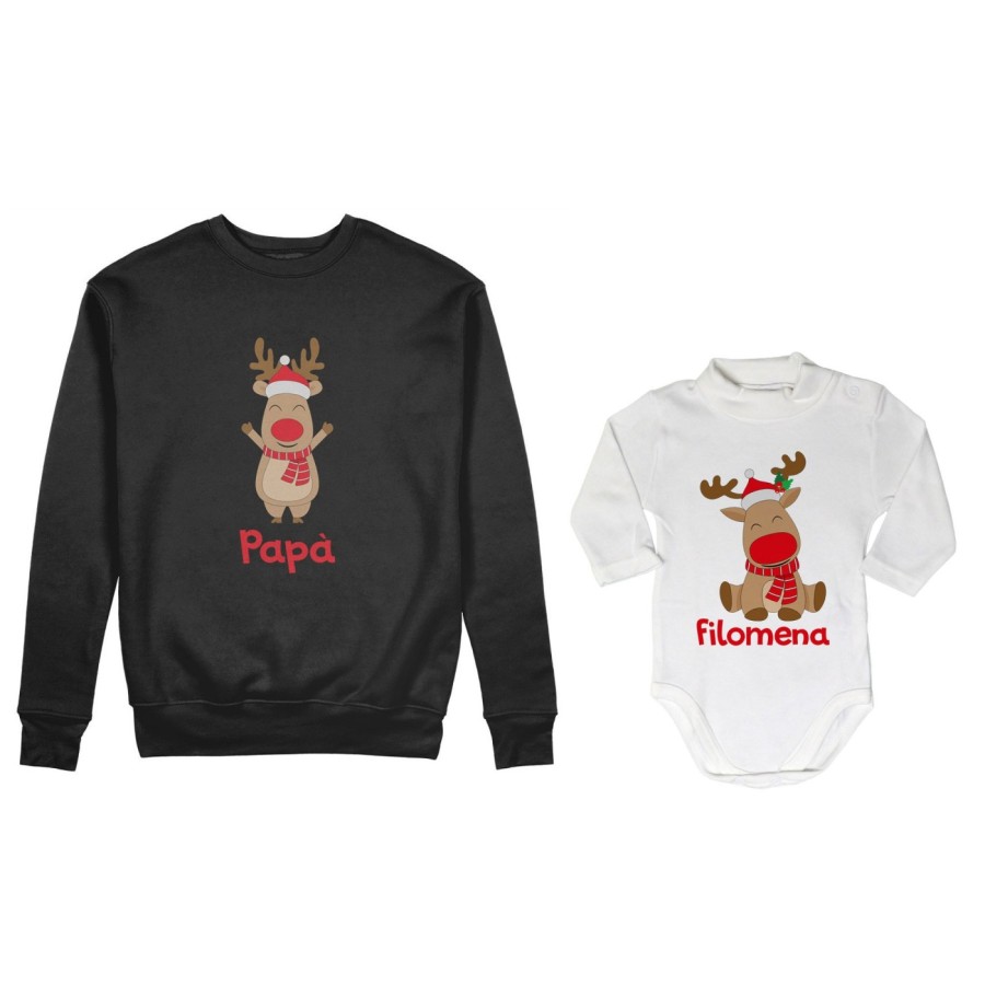 Coordinato felpe o body lupetto neonato padre figlio personalizzabile con nome rudolph family Natale