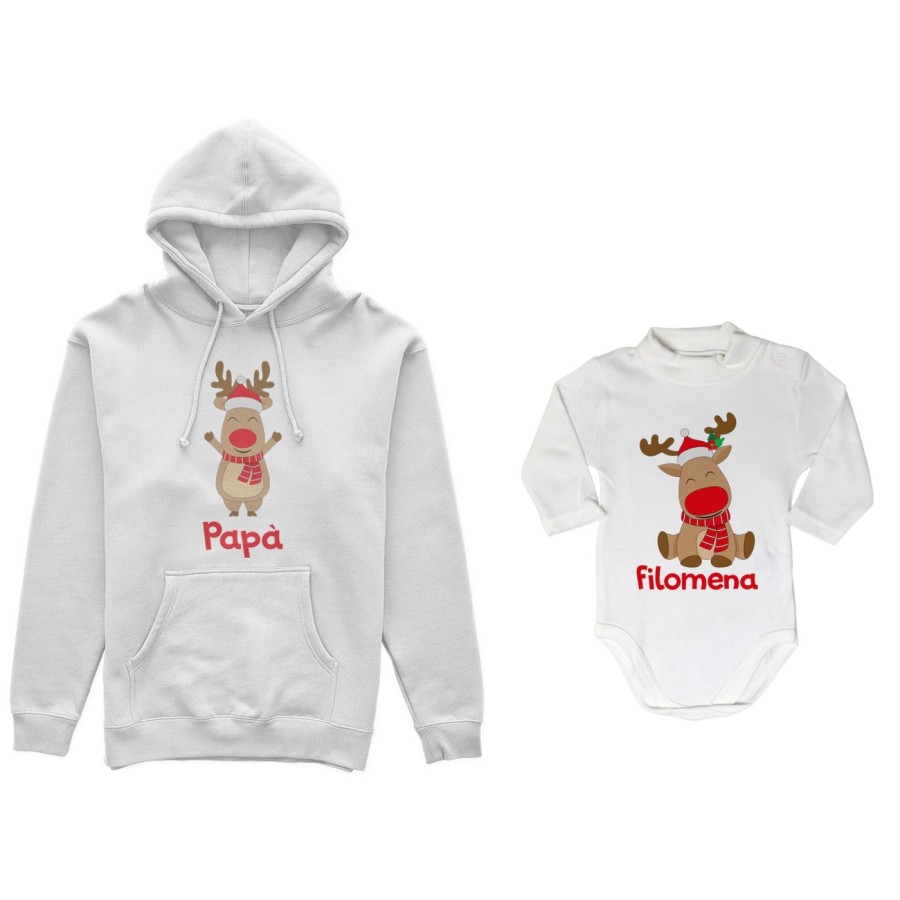 Coordinato felpe o body lupetto neonato padre figlio personalizzabile con nome rudolph family Natale