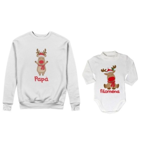 Coordinato felpe o body lupetto neonato padre figlio personalizzabile con nome rudolph family Natale