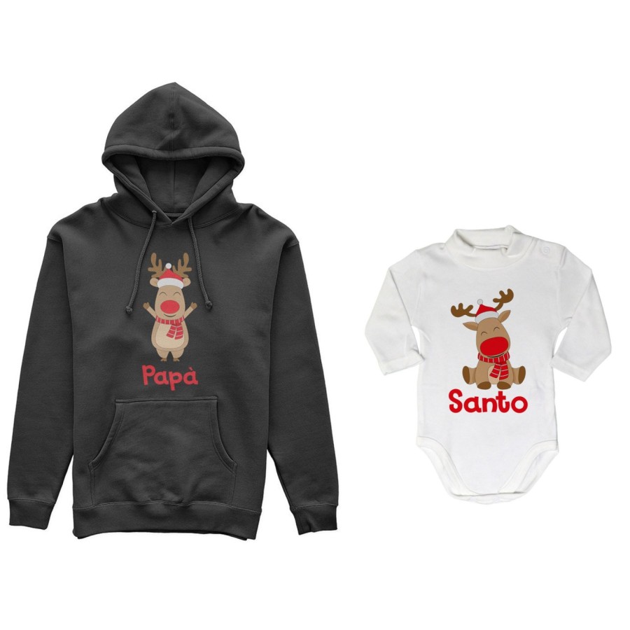 Coordinato felpe o body lupetto neonato padre figlio personalizzabile con nome rudolph family Natale