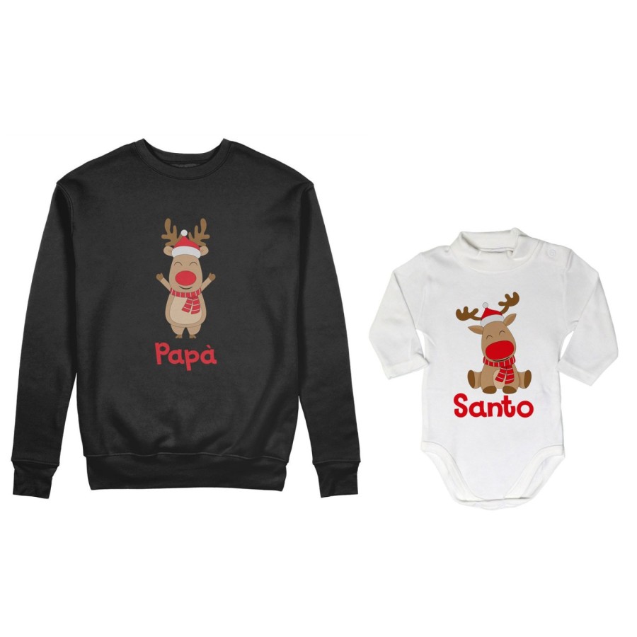 Coordinato felpe o body lupetto neonato padre figlio personalizzabile con nome rudolph family Natale
