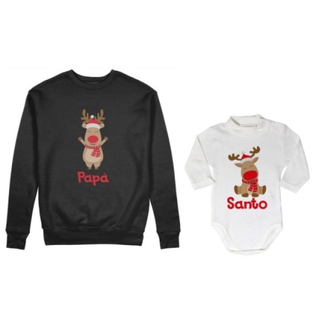 Coordinato felpe o body lupetto neonato padre figlio personalizzabile con nome rudolph family Natale