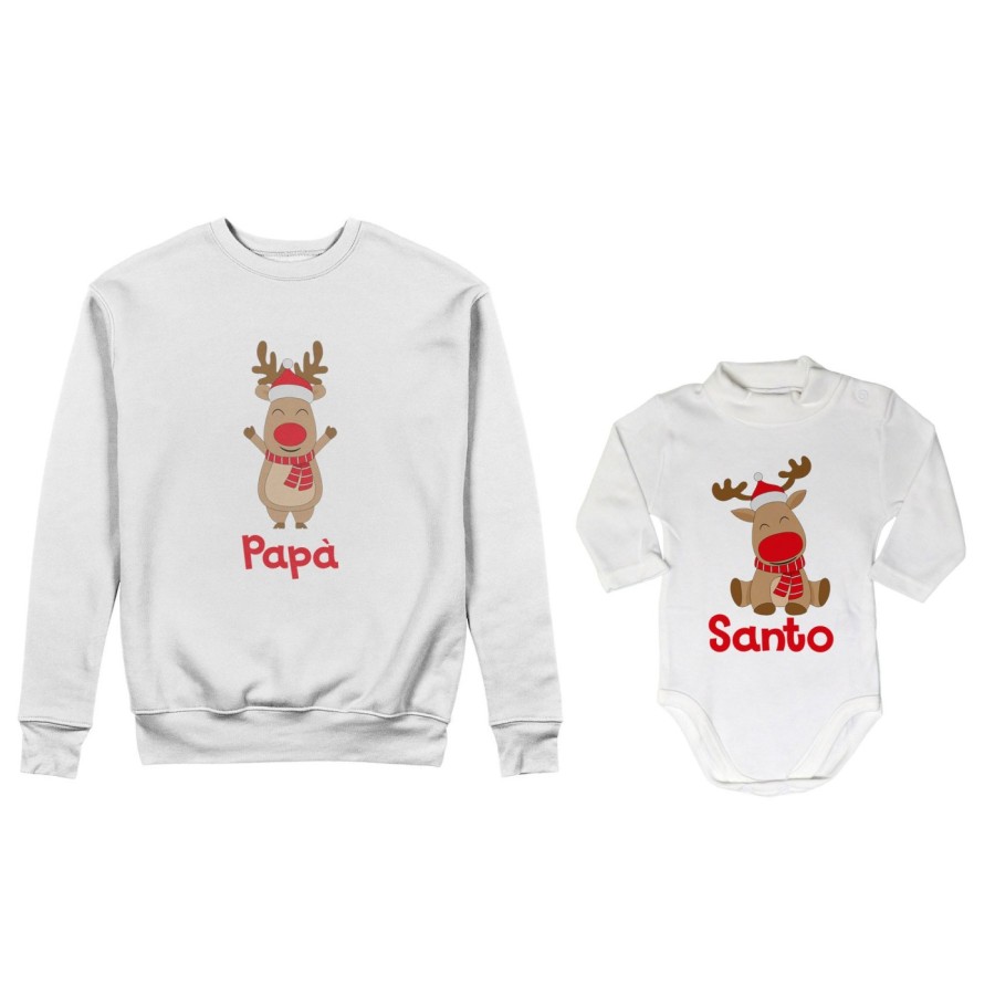 Coordinato felpe o body lupetto neonato padre figlio personalizzabile con nome rudolph family Natale