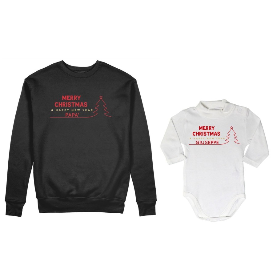 Coordinato felpe o body lupetto padre figlio personalizzato merry christmas and happy new year Natale