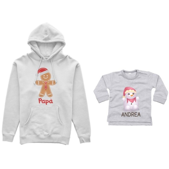 Coordinato felpe o body lupetto neonato padre figlio personalizzabile con nomi pupazzi di neve Natale 2