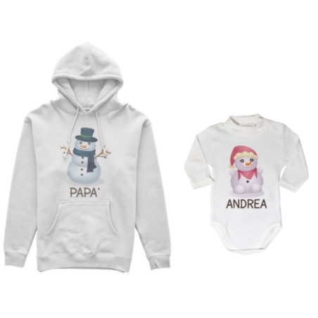 Coordinato felpe o body lupetto neonato padre figlio personalizzabile con nomi pupazzi di neve Natale