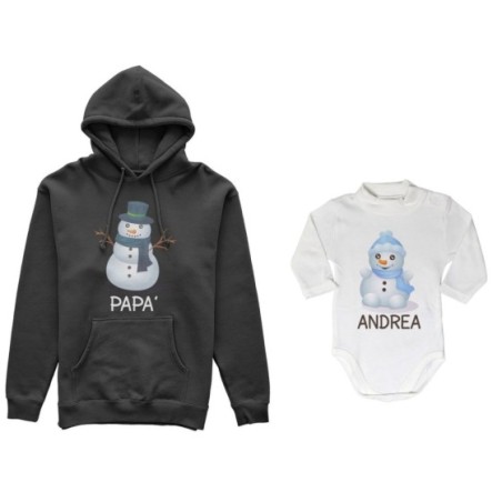 Coordinato felpe o body lupetto neonato padre figlio personalizzabile con nomi pupazzi di neve Natale