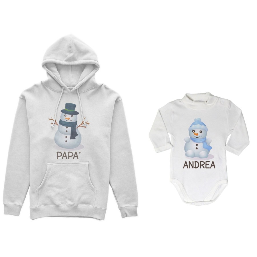 Coordinato felpe o body lupetto neonato padre figlio personalizzabile con nomi pupazzi di neve Natale
