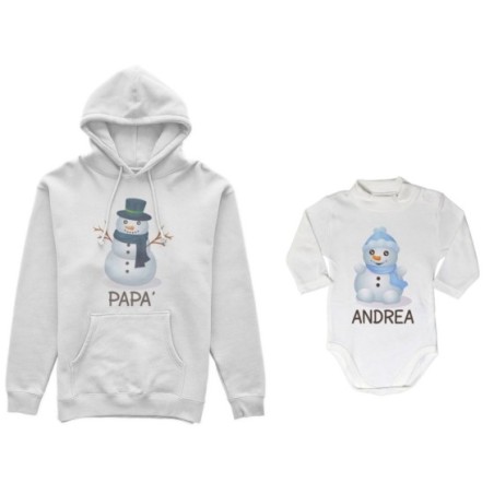 Coordinato felpe o body lupetto neonato padre figlio personalizzabile con nomi pupazzi di neve Natale