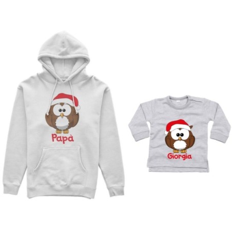 Coordinato felpe o body lupetto neonato padre figlio personalizzato con nome gufetti natalizi Natale