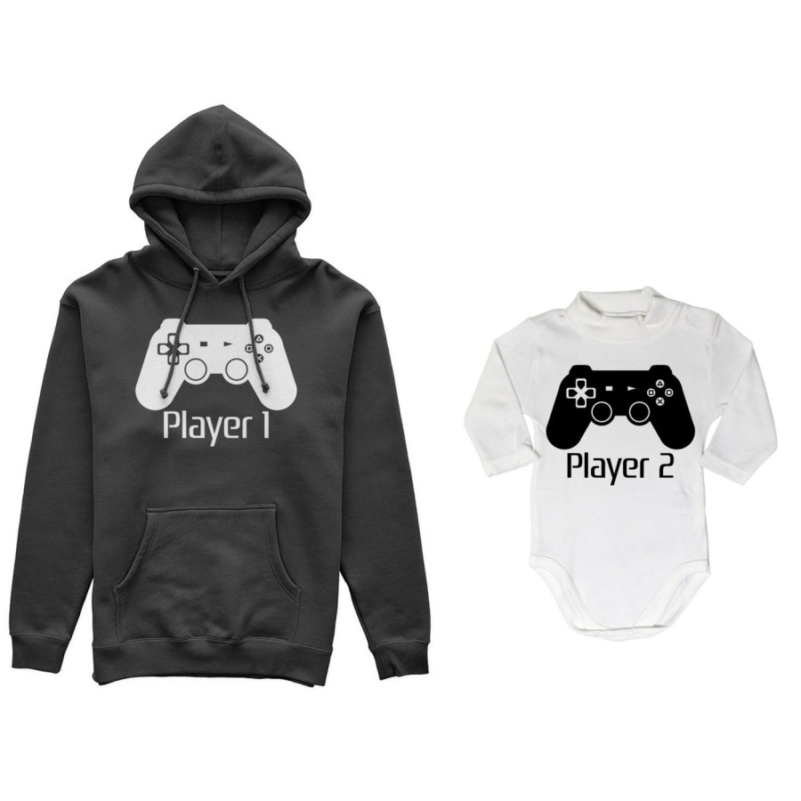 Coordinato felpe o body lupetto neonato padre figlio player one player two playstation Per il papà