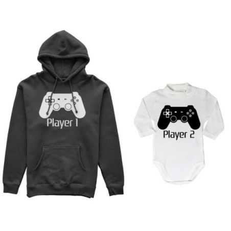 Coordinato felpe o body lupetto neonato padre figlio player one player two playstation Per il papà