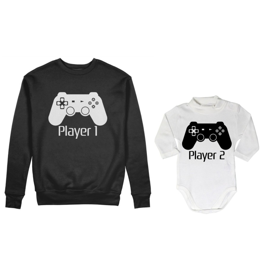 Coordinato felpe o body lupetto neonato padre figlio player one player two playstation Per il papà