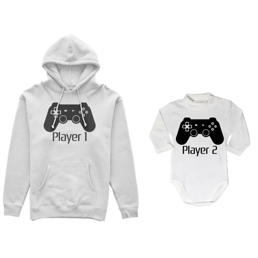 Coordinato felpe o body lupetto neonato padre figlio player one player two playstation Per il papà