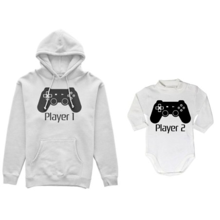 Coordinato felpe o body lupetto neonato padre figlio player one player two playstation Per il papà